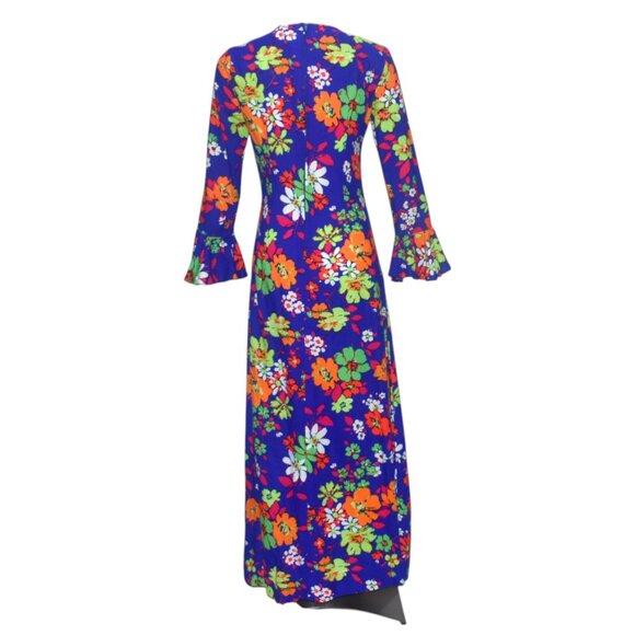 Vintage Maxi Dress Flower Power Print Long Sleeves 60s 70s Park East by Swirl M - Picture 3 of 9